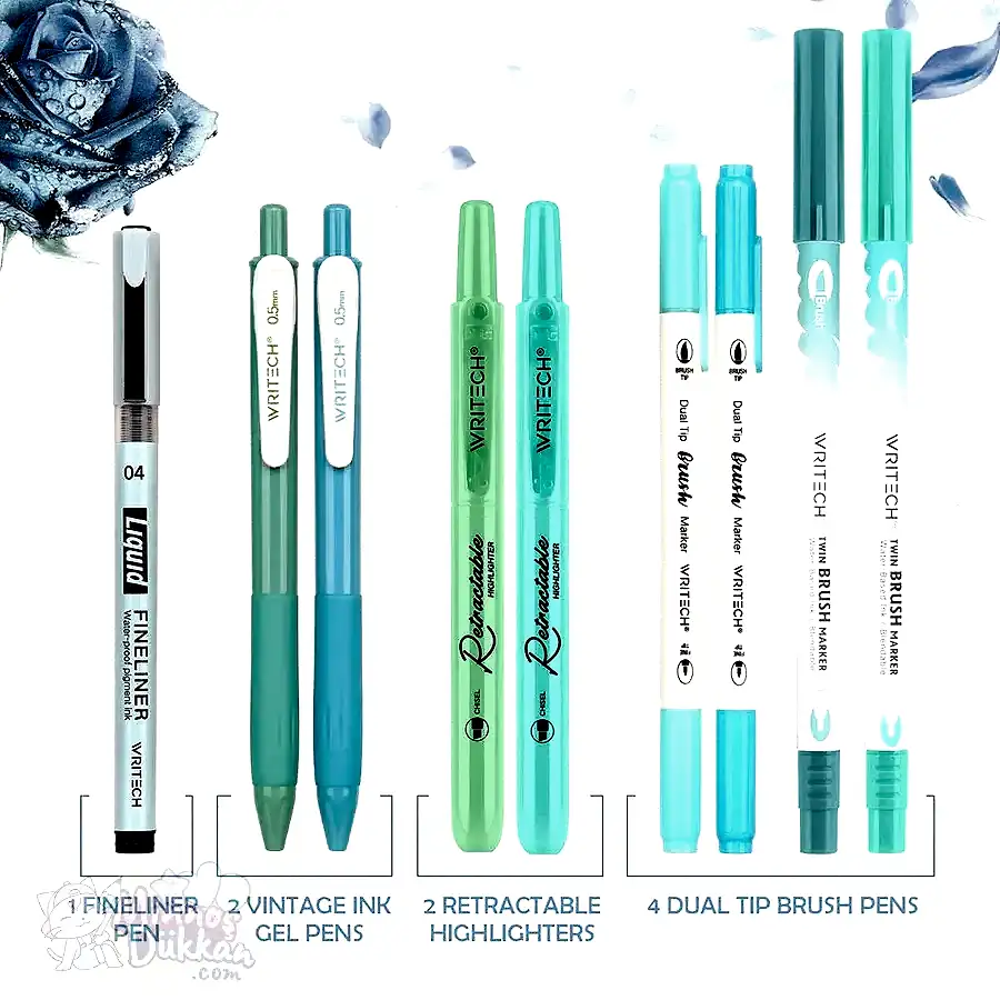 Writech Journaling Set 9 Renk Kalem Set - Blue Green