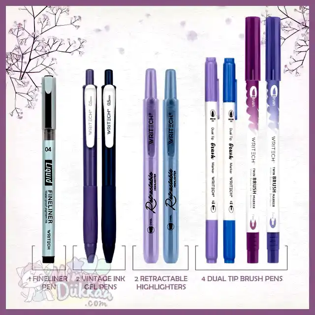 Writech Journaling Set 9 Renk Kalem Set - Purple Blue