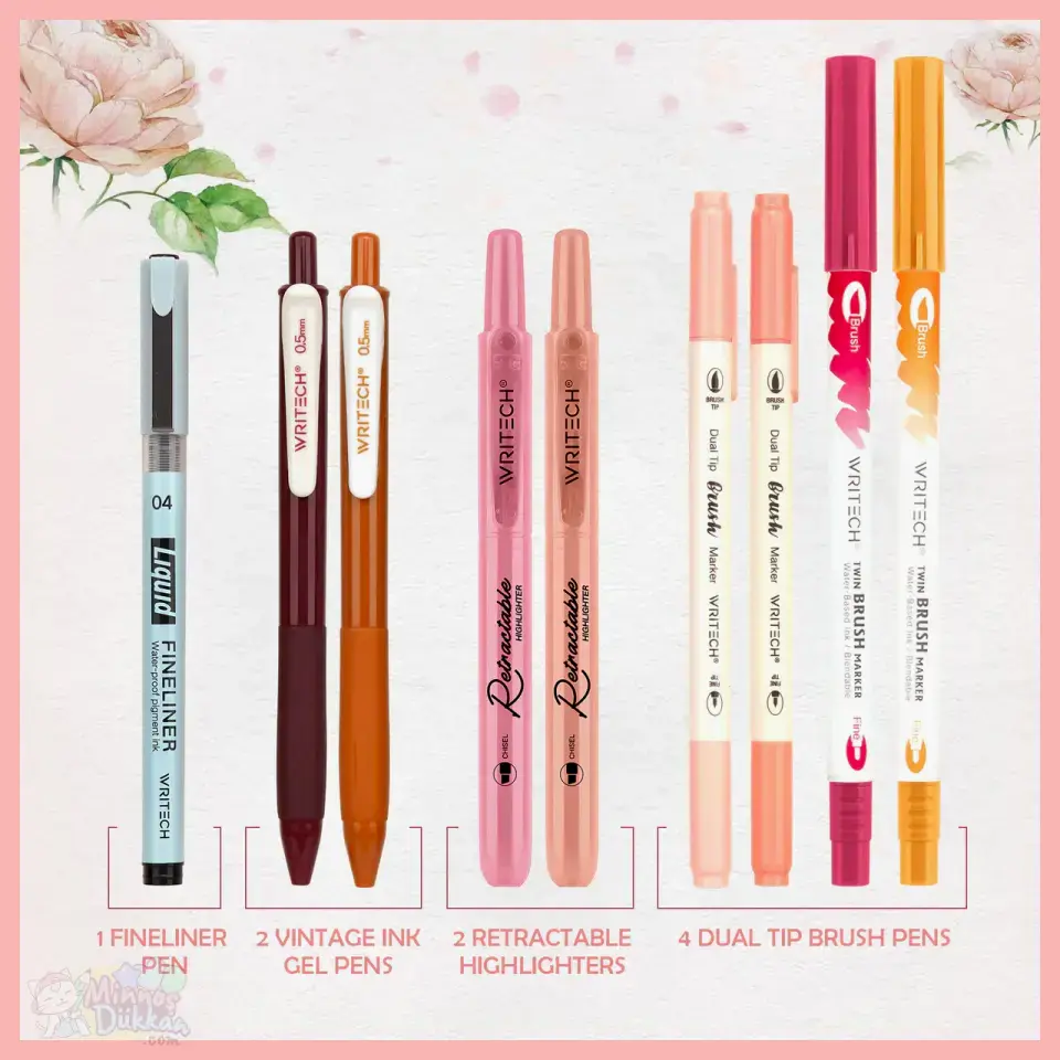 Writech Journaling Set 9 Renk Kalem Set - Red Pink