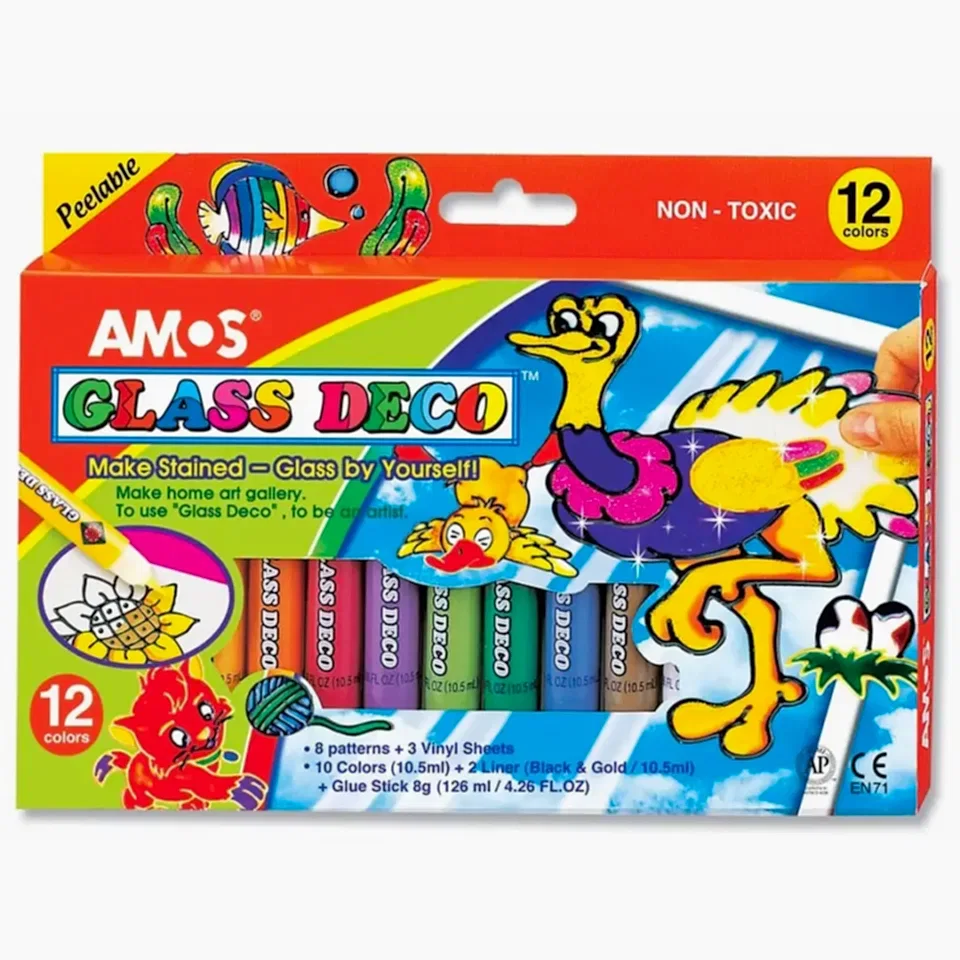 Amos Glass Deco Sökülebilir Cam Boyası 12 Renk